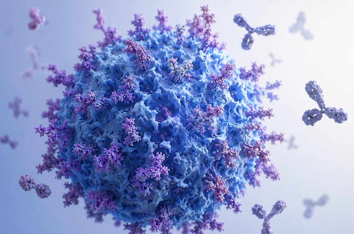 A cancer cell covered in a sialoglycan shield, with antibodies approaching